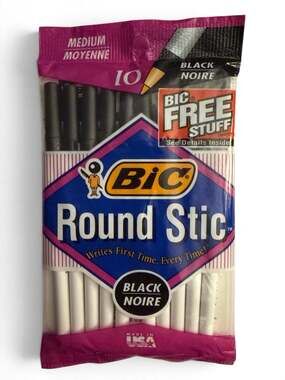 Bic Round Stic Medium Black Pens 10 Pack NEW SEALED (GSMP10) 1994 Vintage